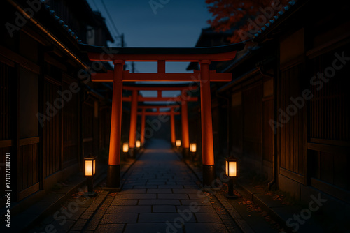 Traditional Japanese street with glowing lanterns and vibrant autumn foliage leading to red torii gates

