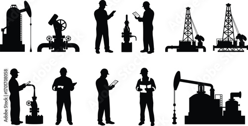 Oil and gas industry silhouettes with workers, drilling rigs, pump jacks, pipelines, refinery tanks, engineers inspecting equipment, and industrial valves.