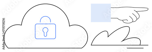 Locked cloud symbol, a hand pointing, and abstract shapes. Ideal for cybersecurity, data privacy, cloud storage, digital safety, secure connection, online protection simple flat metaphor
