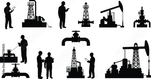 Oil and gas industry silhouette collection with workers, drilling rigs, pump jacks, pipelines, refinery structures, engineers checking equipment, and industrial valves.