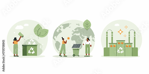 Diverse people embracing eco friendly practices like recycling solar energy and sustainable industry for a greener planet