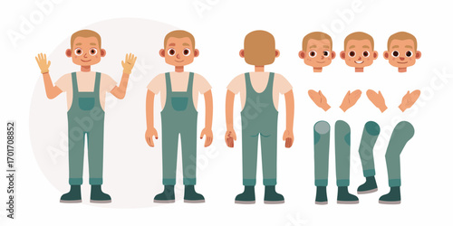 Cartoon character creation kit with a male worker in overalls and interchangeable body parts