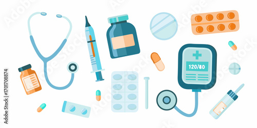 Collection of medical supplies including stethoscope syringe pills and blood pressure monitor