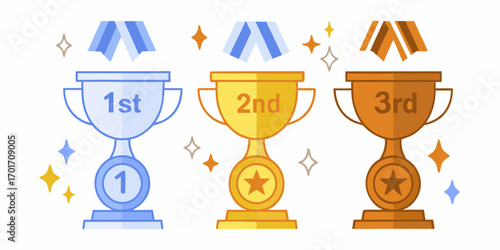 First second and third place trophies with ribbons and stars celebrating victory and achievement