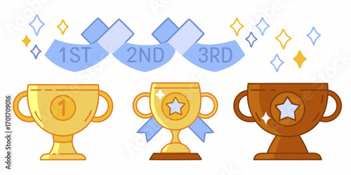 Set of cartoon trophies for first second and third place winners with ribbons and stars