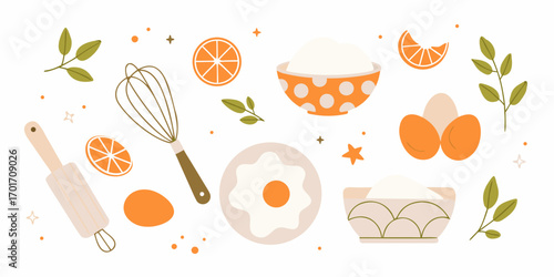 Whimsical baking ingredients and tools illustration with oranges and eggs