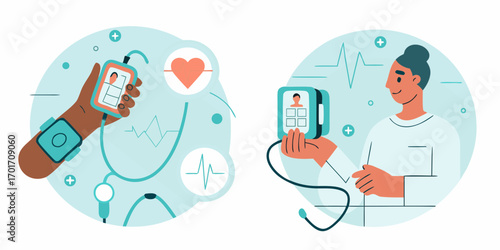 Doctor and patient using medical devices for health monitoring and diagnosis in a modern healthcare setting