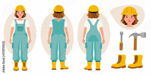 Female construction worker in hard hat and overalls shown from front and back with tools and accessories