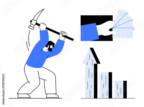Worker swings pickaxe while hand holds money and upward trend bar chart indicates financial progress. Ideal for business, investment, economics, labor, financial growth, productivity, simple landing