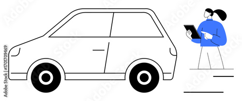 Woman using tablet standing by a compact car. Simple and modern design. Ideal for car rental, vehicle tracking, route planning, transport logistics, fleet management, tech apps, simple landing page