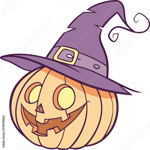 Flat carved pumpkin lantern with a spooky face and glowing light design