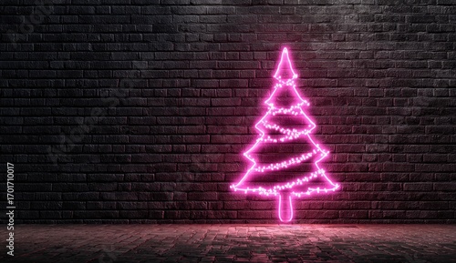 Vibrant pink neon Christmas tree light art on a dark industrial brick wall.