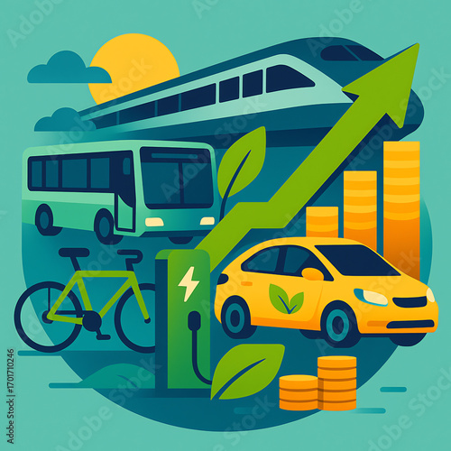 Investing in a sustainable future a graphic collage of green transportation, renewable energy, and economic prosperity