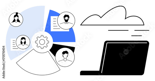 Pie chart with user profiles, files, and a gear representing teamwork alongside a laptop and cloud icon. Ideal for collaboration, digital tools, remote work, data sharing, project management
