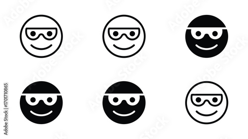 Vector art of smiling thief or burglar face with mask and glasses, conveying a sense of mischief and anonymity