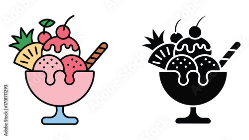 Vector art of colorful ice cream sundae, with cherries, pineapple, and waffle stick, perfect for summer treats and dessert designs