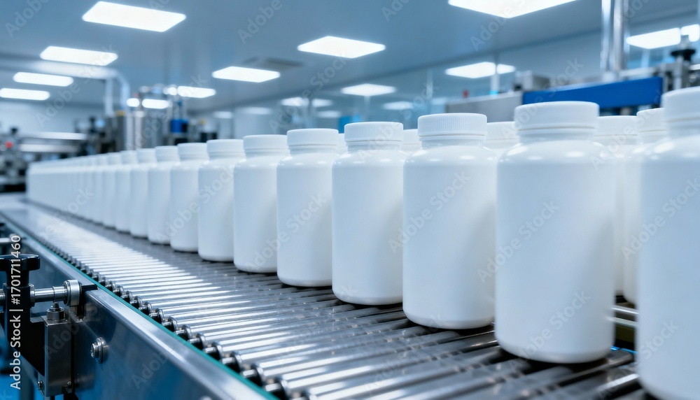 Fototapeta premium Pharmaceutical Production Line: White Pill Bottles on Conveyor Belt in a Sterile Manufacturing Environment