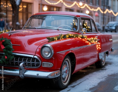 A vintage red car decorated with Christmas lights and a wreath parked on a snowy street. Warm holiday ambiance with festive decorations in the background.