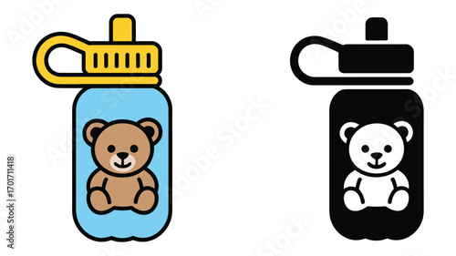 Vector art of sport water bottle, featuring a teddy bear design, ideal for kids and outdoor activities, available in color and black version