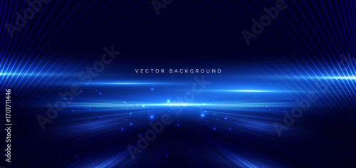 Scene glowing blue light ray on dark blue background. Technology speed car, communication data concept.