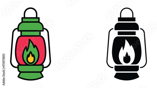 Vector art of vintage camping lantern icons in color and black and white, symbol of adventure, exploration, and outdoor activity