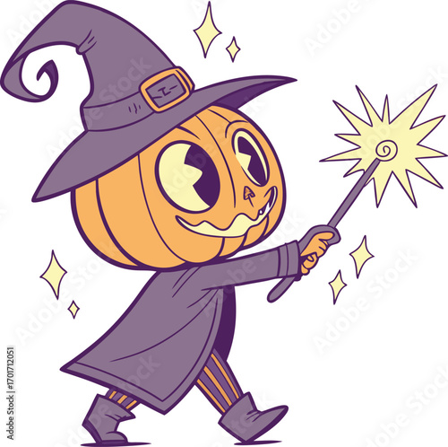 Spooky halloween pumpkin character wearing a witch hat with magic elements
