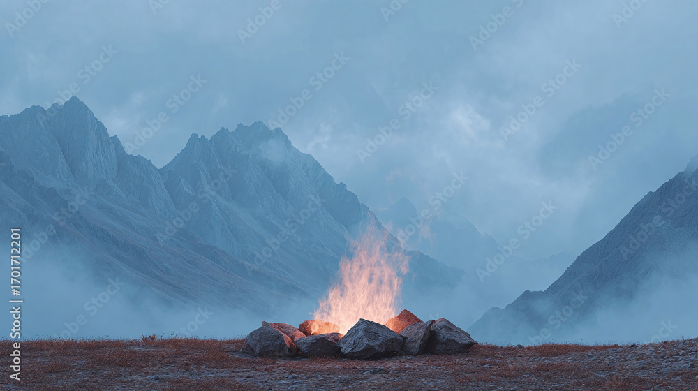 Fototapeta premium Majestic Mountain Landscape with a Cozy Campfire