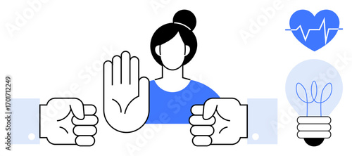 Woman holding her hand in a stop sign between punching fists, heartbeat with heart, and lit bulb with sprout. Ideal for conflict resolution, sustainability, kindness, empathy, innovation, health