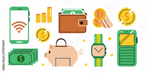 Collection of financial icons including smartphone coins wallet piggy bank smartwatch and cash