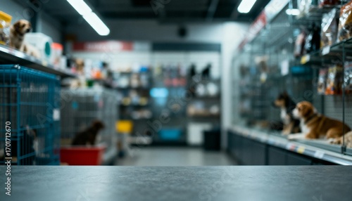 Wallpaper Mural Blurred Pet Store Interior with Display Shelf Foreground - Aisle View for Mockup or Display Torontodigital.ca