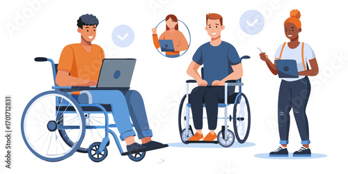 Diverse team collaborating on laptops with individuals in wheelchairs and remote communication
