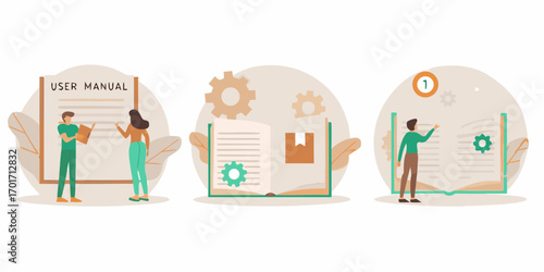 People interacting with user manuals and instructional guides with gears and icons representing processes