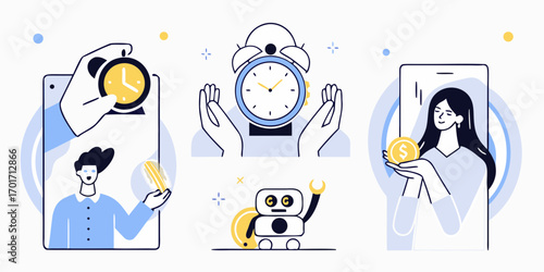 Modern illustration of time management and financial success with people and robot holding clocks and coins