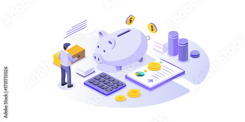 Isometric illustration of a person managing finances with a piggy bank calculator and stacks of money
