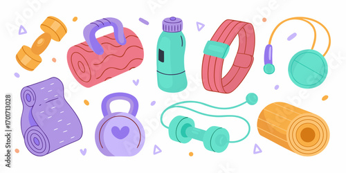Collection of colorful cartoon fitness equipment and accessories for home workouts and healthy lifestyle
