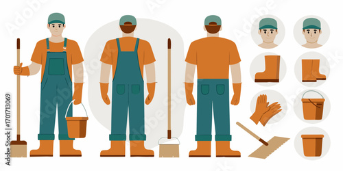 Gardener and cleaning person character set with tools and accessories