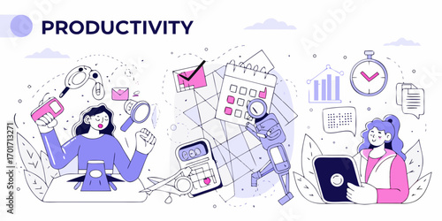 Creative illustration of productivity with people and robots working efficiently on tasks and projects