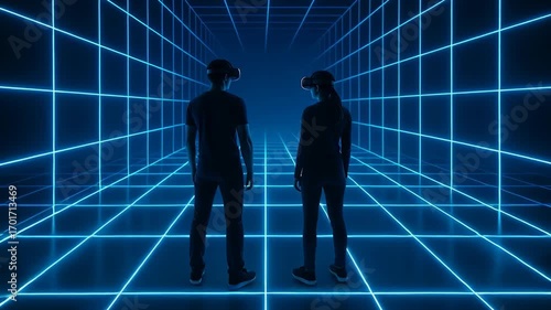 Virtual reality experience in futuristic grid environment with two participants enjoying interactive gameplay