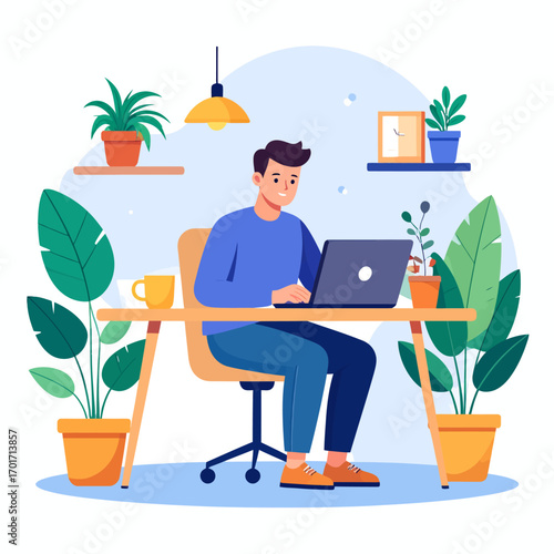 Man working on a laptop surrounded by plants in a modern home office