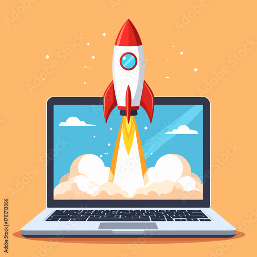 Digital Startup Launch Rocket Flying Out of Laptop Screen