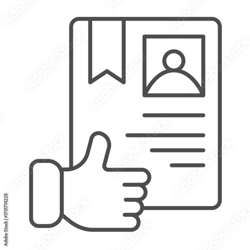 Certificate of course and thumb up hand thin line icon, driver license concept. Vector graphics. Driving school document sign on white background, outline style icon for mobile or web design.