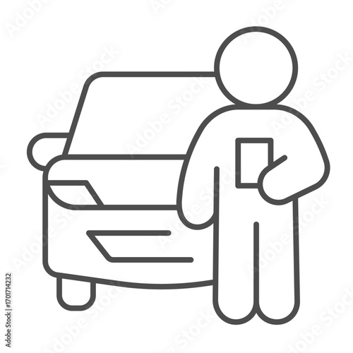 Instructor man with car vehicle thin line icon, driver license concept. Vector graphics. Man with test paper and transport sign on white background, outline style icon for mobile or web design.