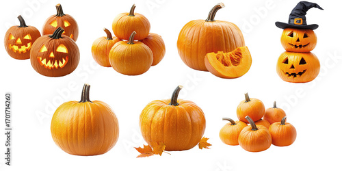 Set of different Halloween pumpkins isolated on transparent background PNG