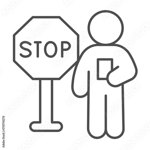 Instructor man with STOP rule post thin line icon, driver license concept. Vector graphics. Man with test paper and signpost sign on white background, outline style icon for mobile or web design.