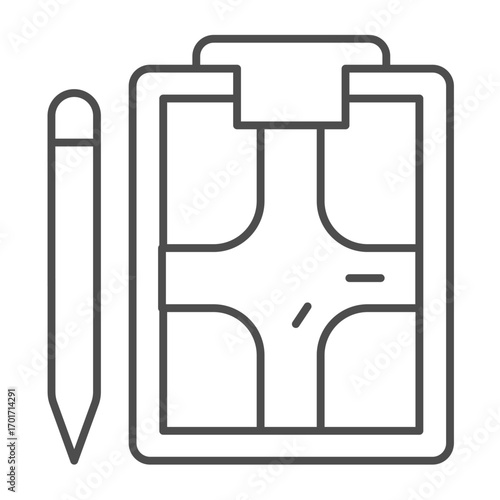 Traffic rules image and pen thin line icon, driver license concept. Vector graphics. Rule paper with driving test map sign on white background, outline style icon for mobile or web design.