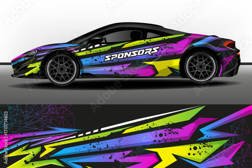 Vector design of sports car wrap. Car stickers design. Abstract sport background with bright stripes and lines for racing livery or vinyl sticker for everyday use. Car design development for company.