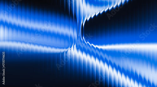 Abstract wavy glass striped black background with a blue glow, soft liquid waves. Illuminated liquid metal texture. Glossy ribbed glass wallpaper. Transparent layers that create a sense of motion.