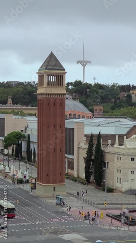 Barcelona, Spain. September 12, 2025, Venetian Towers standing tall in Plaza de Espana, Barcelona, a historic landmark blending architectural grandeur with urban dynamism