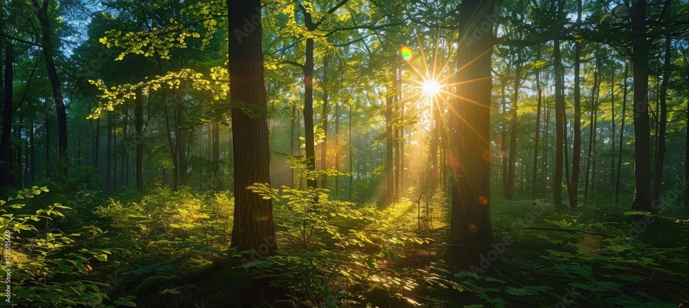 Fototapeta premium Serene forest landscape with sunlight filtering through trees, creating a tranquil atmosphere