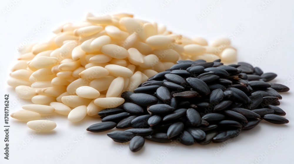 Obraz premium A close-up shot of white and black sesame seeds on a light background, ideal for culinary websites, health blogs, or food packaging designs emphasizing healthy ingredients and variety,